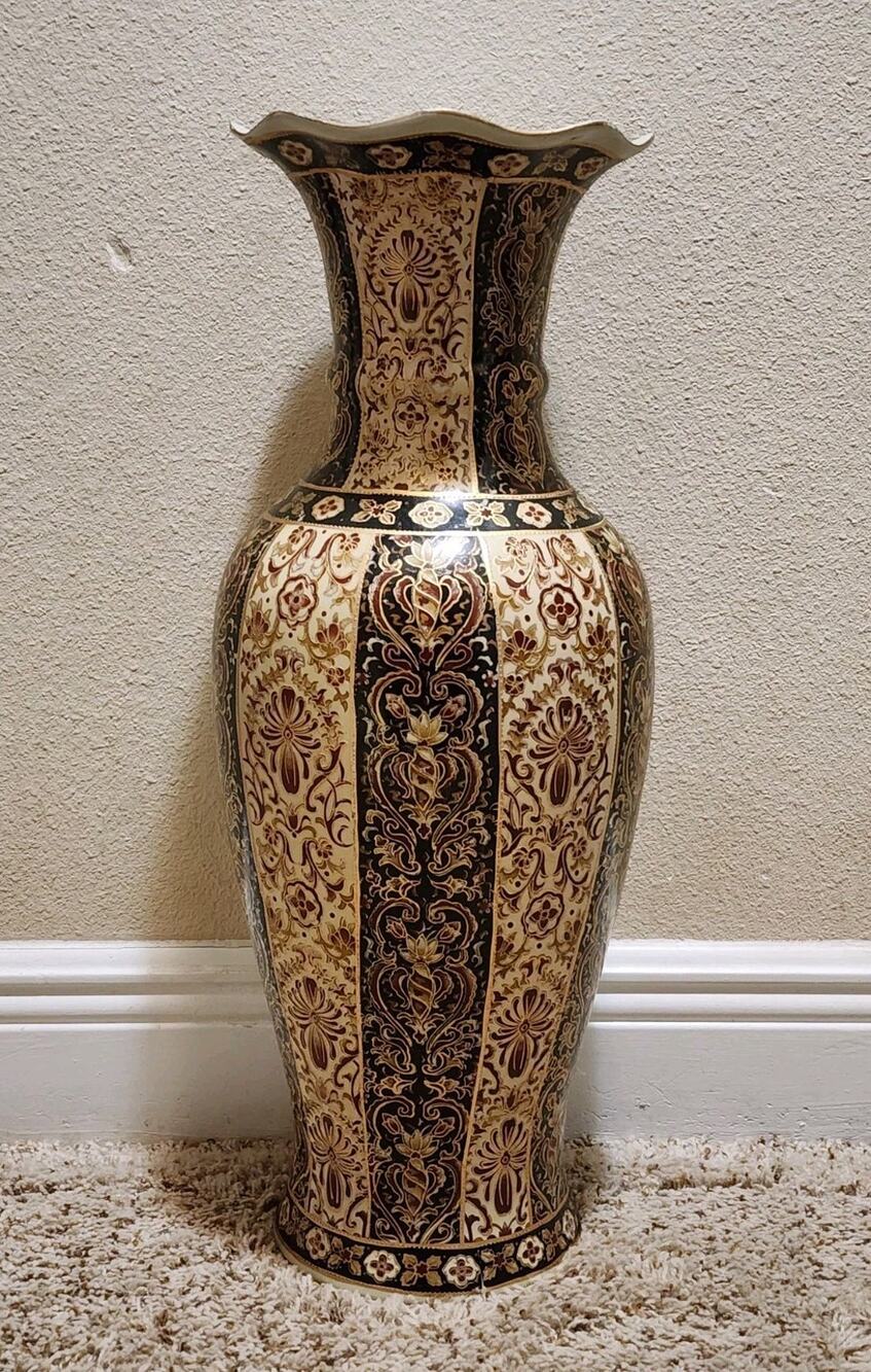 Vintage Chinese Hand Painted Cream Gold Damask Floral Porcelain Floor Vase 24"